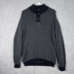 Izod Sweater Men's XL Black Henley Birdseye Knit Casual Preppy Mock Neck Cotton